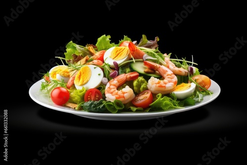 Fresh Salad made of shrimp, boiled eggs, prawn, avocado, cucumber, tomato, onion, kimchi, lettuce on black bowl