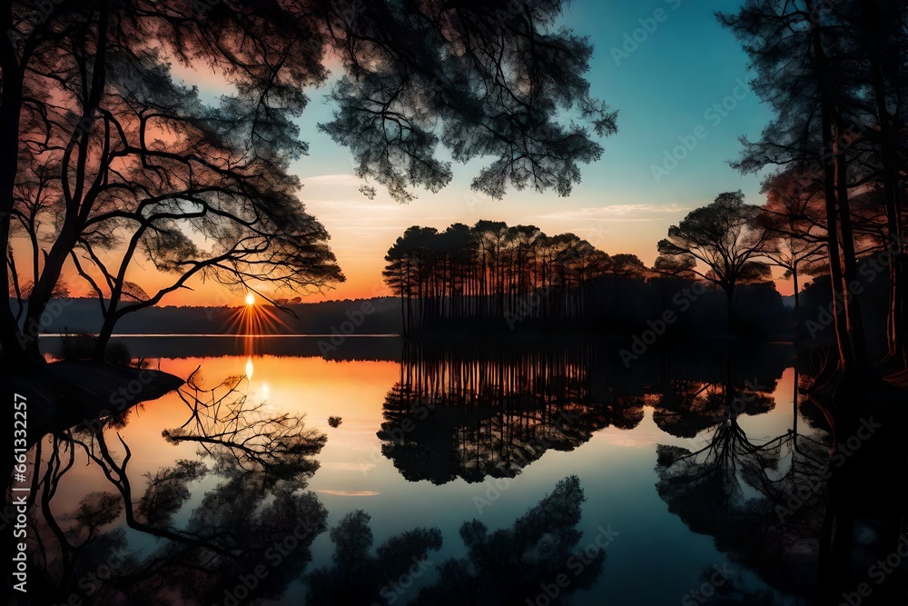 A tranquil lakeside scene at sunset, with a mirror-like lake reflecting the colorful hues of the sky, framed by a silhouette of trees.