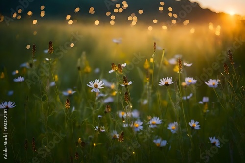 A Photograph capturing the ethereal beauty of a serene meadow at twilight, where delicate fireflies dance amidst a tapestry of blooming wildflowers.