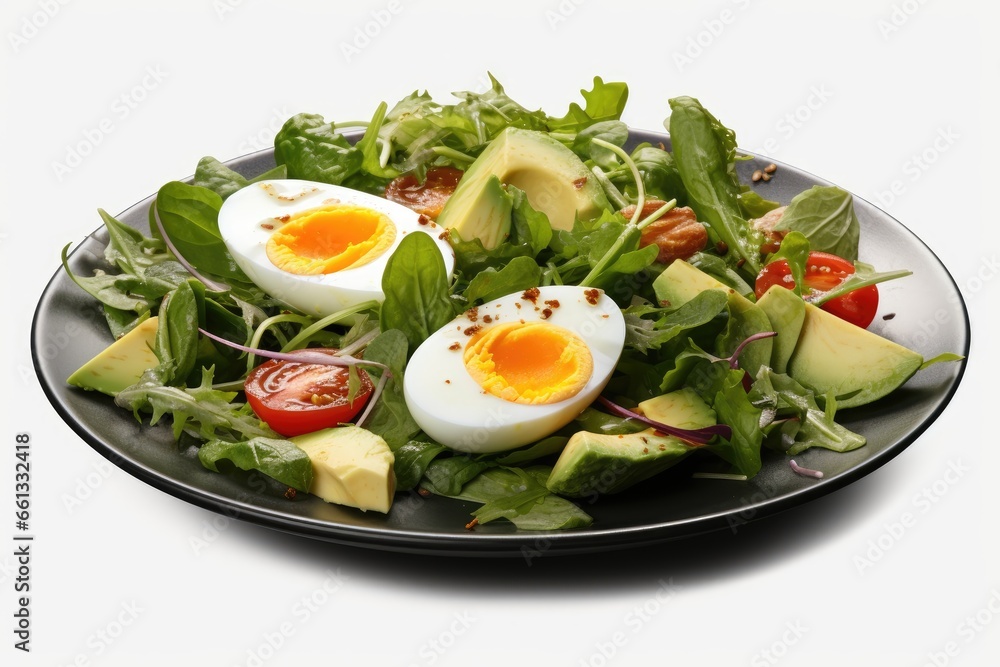 Fresh Salad made of egg,shrimp, prawn, avocado, cucumber, tomato, onion, kimchi, lettuce on white bowl Fresh Salad made of egg,shrimp, prawn, avocado, cucumber, tomato, onion, kimchi, lettuce on white bowl