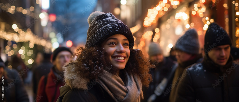 black girl at a scenic christmas market