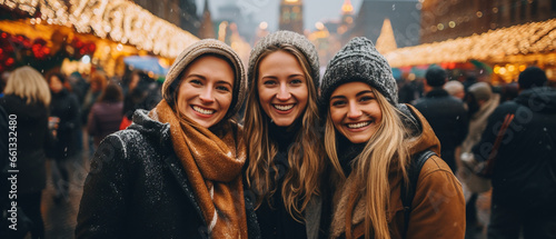 group of blonde friends at a christmas market
