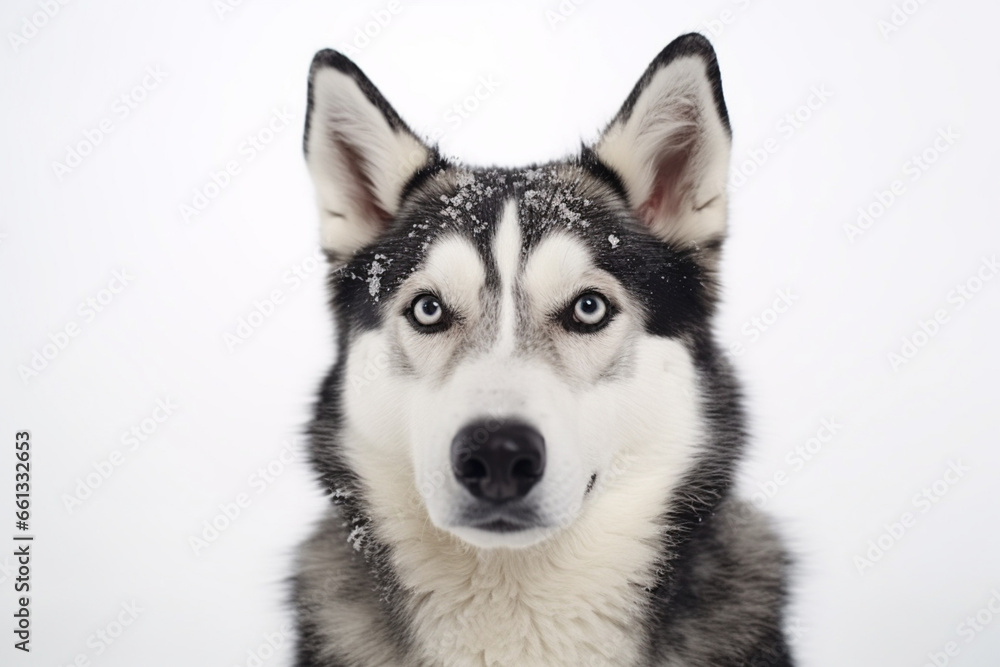 Close up portrait of a sled dog looking at camera, white background, studio shot