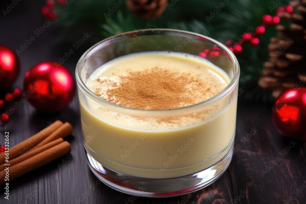 eggnog in glass cup, nutmeg sprinkled on top eggnog in glass cup, nutmeg sprinkled on top