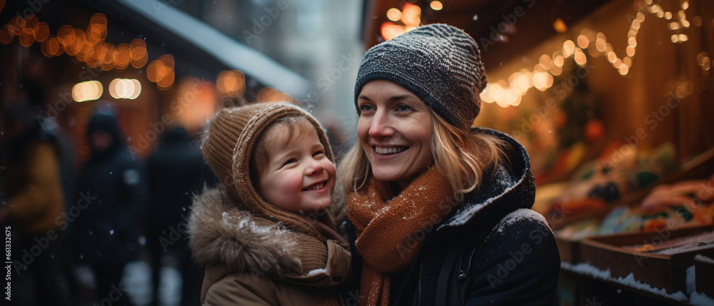 mother and her daughter at a christmas market