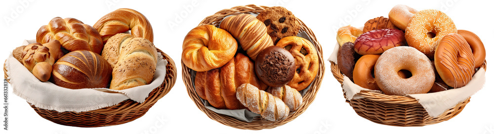 Set of breads in a basket cut out transparent isolated on white background ,PNG file ,artwork graphic design illustration. - obrazy, fototapety, plakaty 