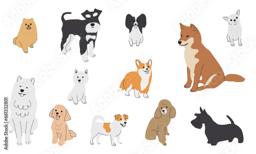 Fototapeta Naklejka Na Ścianę i Meble -  Collection of cute baby dogs cartoon hand drawn style. Collection of dog characters, flat illustration for design, decor, print, stickers, posters. Vector illustration isolated on a white background.