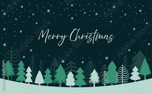 Christmas card with snowing winter landscape. Hand-drawn pine trees with snowflakes. Greens colors. Vector illustration.