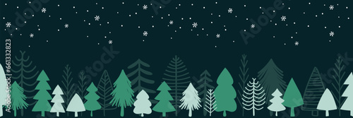 Hand drawn Christmas trees for card. Vintage background for the holiday. Green colors with modern design. Vector illustration.