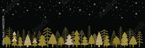 Winter landscape with hand-drawn forest trees in golden tones. Christmas concept. vector illustration.