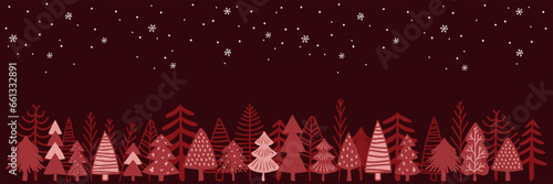 Christmas card with snowing winter landscape. Hand-drawn pine trees with snowflakes. Romantic colors. Vector illustration