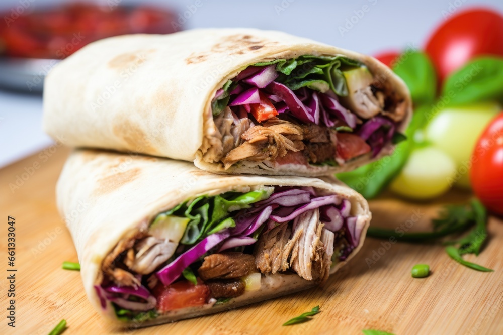 wrapped shawarma cut in half, showing the inner fillings wrapped shawarma cut in half, showing the inner fillings