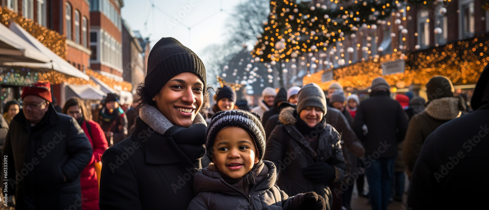 crowd of people on a german christmas market with a black latina an her son in focus crowd of people on a german christmas market with a black latina an her son in focus