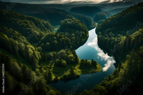 A winding river cutting through a dense forest, its reflective surface capturing the surrounding greenery and the sky above.