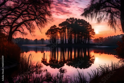A tranquil lakeside scene at sunset, with a mirror-like lake reflecting the colorful hues of the sky, framed by a silhouette of trees.