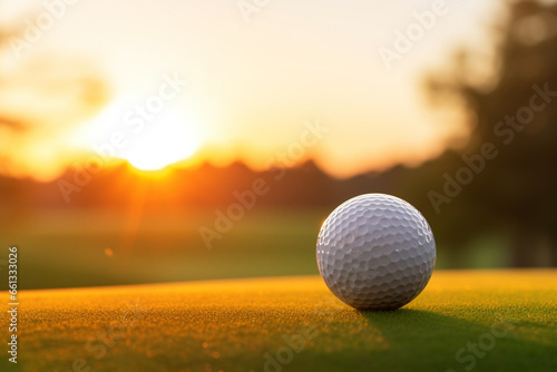 Closeup of golf ball on a tee and sunset