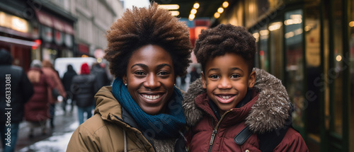 portrait of a black woman and her son on the street in winter