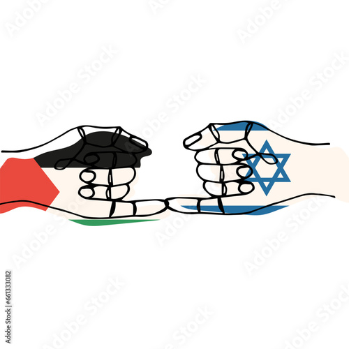 Gaza vs Israel military conflict. Palm in Palestine flag color. One line hand peacefull Palestine Israel isolated transparent background. Vector illustration.