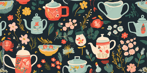 Seamless pattern with teapots, cups, tablecloth flowers, pot, labels. invitation cards, kitchen decor, greeting cards, posters, scrapbooking, print, wallpaper