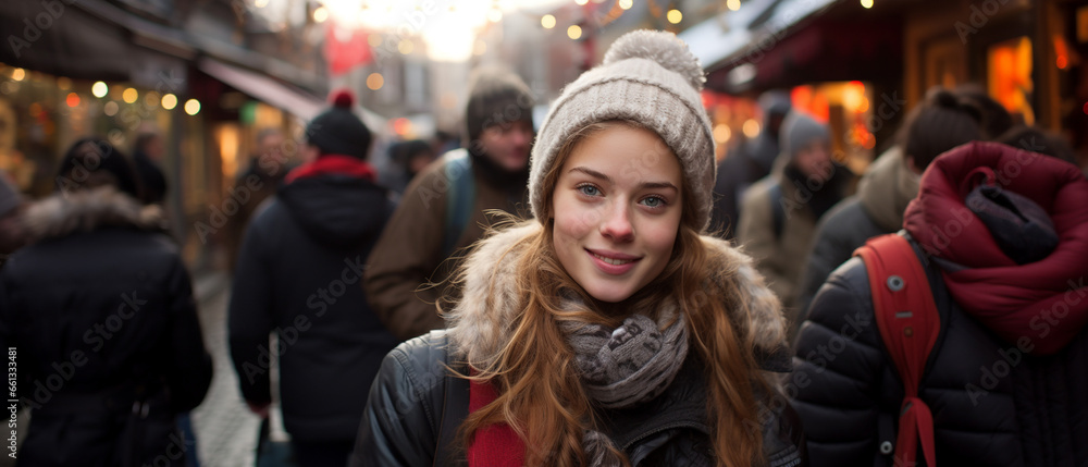 portrait of a young woman in a city landscape in winter