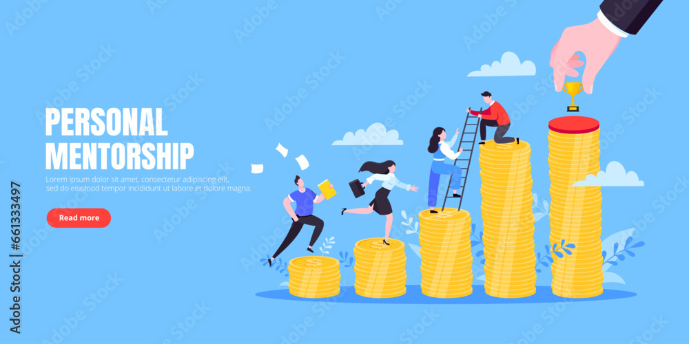 Business mentor helps improve career and money stacks growing. He holds stairs steps vector illustration. Mentorship, upskills, climb help self development strategy flat style design business concept. - obrazy, fototapety, plakaty 
