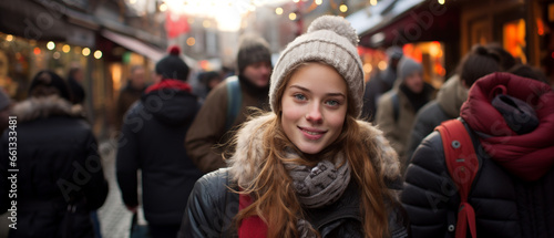 portrait of a young woman in a city landscape in winter