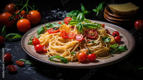 A delicious-looking plate of pasta with fresh tomatoes, basil, and Parmesan cheese Ai Generative
