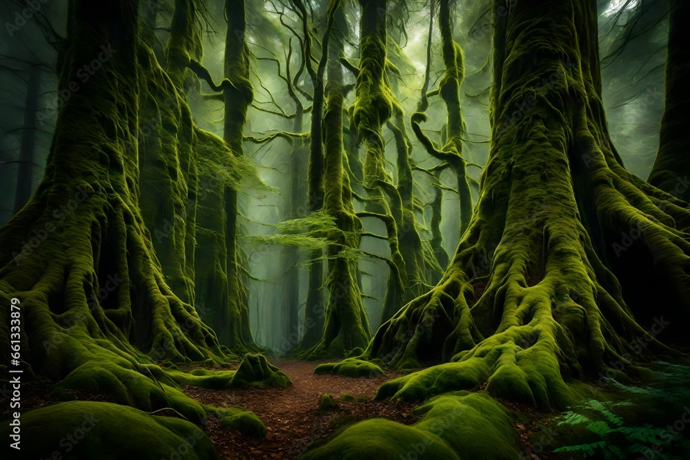 A dense, ancient forest with towering trees covered in moss, creating an enchanting and otherworldly atmosphere.