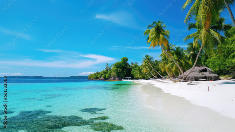 A tropical beach with palm trees, white sand, and crystal-clear water Ai Generative