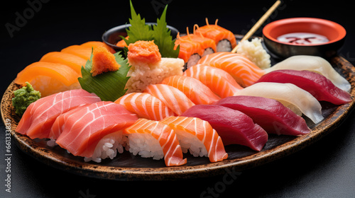 A plate of perfectly cooked sushi with a variety of nigiri, sashimi, and rolls Ai Generative