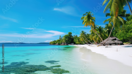 A tropical beach with palm trees, white sand, and crystal-clear water Ai Generative © 3DLeonardo