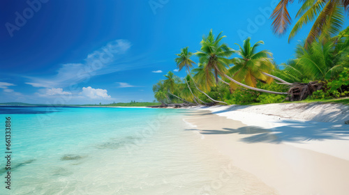 A tropical beach with palm trees  white sand  and crystal-clear water Ai Generative