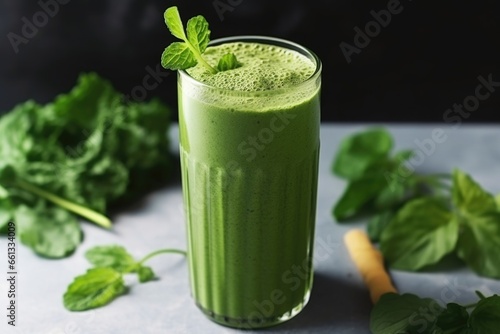 close-up of a blended green smoothie in a tall glass with kale leaves