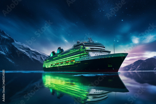 ocean liner, night, generative ai. cruise to paradise islands. © Alexander Odessa 