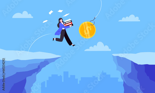 Fishing money chase business concept with businesswoman running after dangling coin jumps over the cliff. Working hard and always busy in the loop routine flat style design vector illustration.