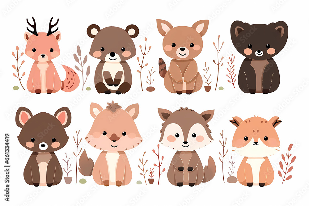 Set of cute baby woodland animals Illustration isolated drawings by hand. Perfect for nursery poster. Set of cute baby woodland animals Illustration isolated drawings by hand. Perfect for nursery poster.