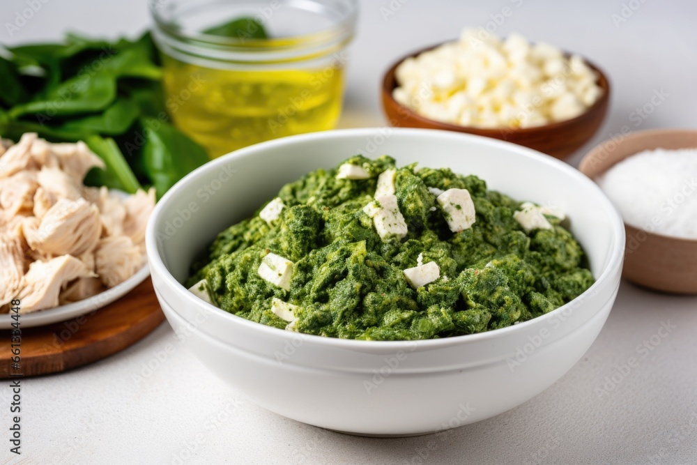 bowl of feta cheese and spinach mixture next to raw chicken bowl of feta cheese and spinach mixture next to raw chicken