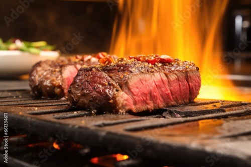 flames licking the under edges of a seared beef steak