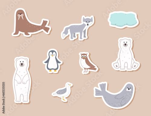 Stickers Cute Arctic animals. Vector illustration with funny polar animals. Polar bear walrus seal seagull scribe owl.