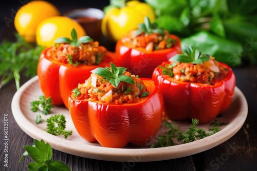 stuffed bell peppers with steaming hot tomato sauce