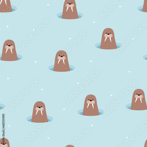 Seamless pattern of cute cartoon walrus in the ice hole. Background wallpaper for kids with a funny arctic animal.