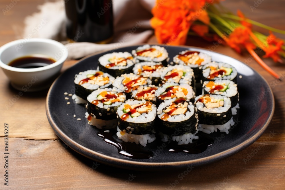 sushi rolls next to a bowl of soy sauce sushi rolls next to a bowl of soy sauce