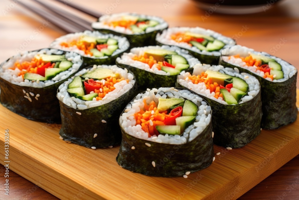 vegetarian sushi rolls on a bamboo mat vegetarian sushi rolls on a bamboo mat