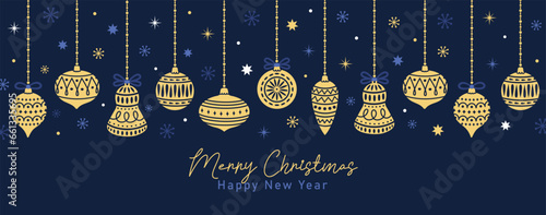 Merry Christmas and Happy New Year banner. Elegant blue background with garland of gold christmas balls and decorations. Vector illustration.