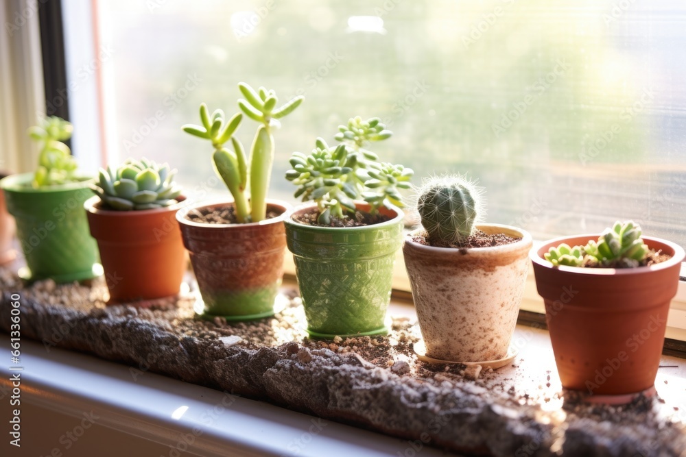 a windowsill peppered with small succulent pots a windowsill peppered with small succulent pots