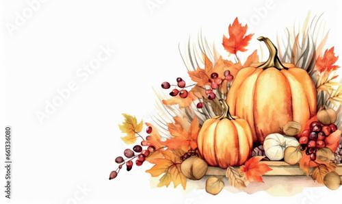 Watercolor composition for design, clip art, pumpkins, thanksgiving, autumn