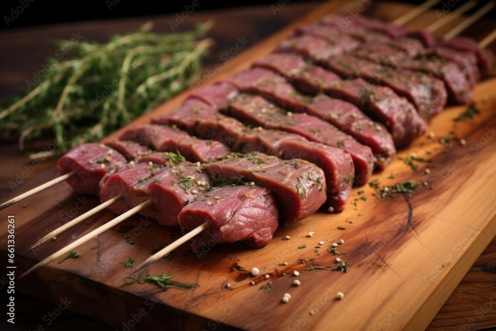 cuts of marinated meat on wooden skewers ready for grilling cuts of marinated meat on wooden skewers ready for grilling