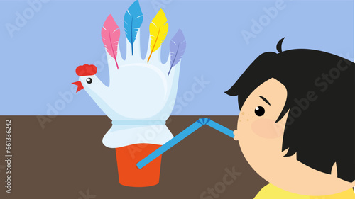 A boy is making an applique of a rooster. Vector cartoon illustration.