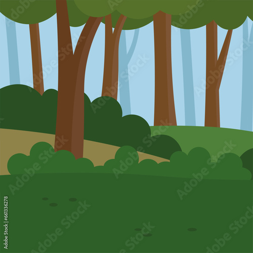 Forest landscape background. Vector illustration in flat style.