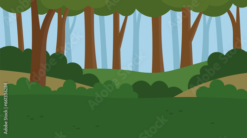 Forest landscape background. Vector illustration in flat style. Nature background.